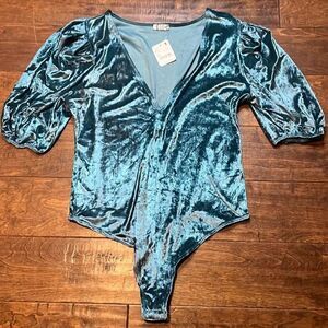 Free People Don't You Wish Deep Teal Velvet Bodysuit, M!